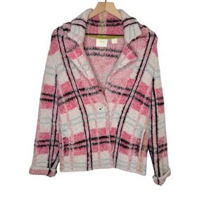 Maeve Anthropologie‎ Aurelia Plaid Fuzzy Sweater Jacket Pink XS Cozy Chic
